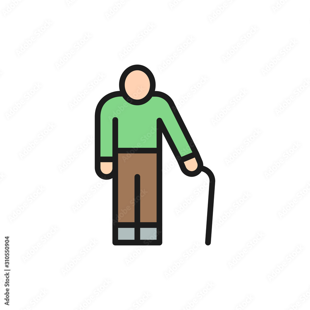 Old man with a cane, grandfather, pensioner flat color line icon. Old man with a cane, grandfather, pensioner flat color line icon.