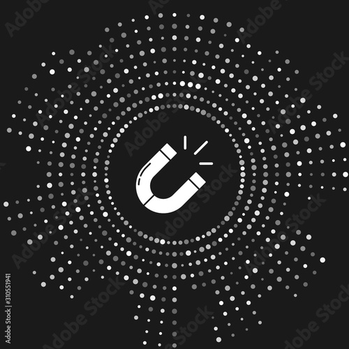 White Magnet icon isolated on grey background. Horseshoe magnet, magnetism, magnetize, attraction. Abstract circle random dots. Vector Illustration