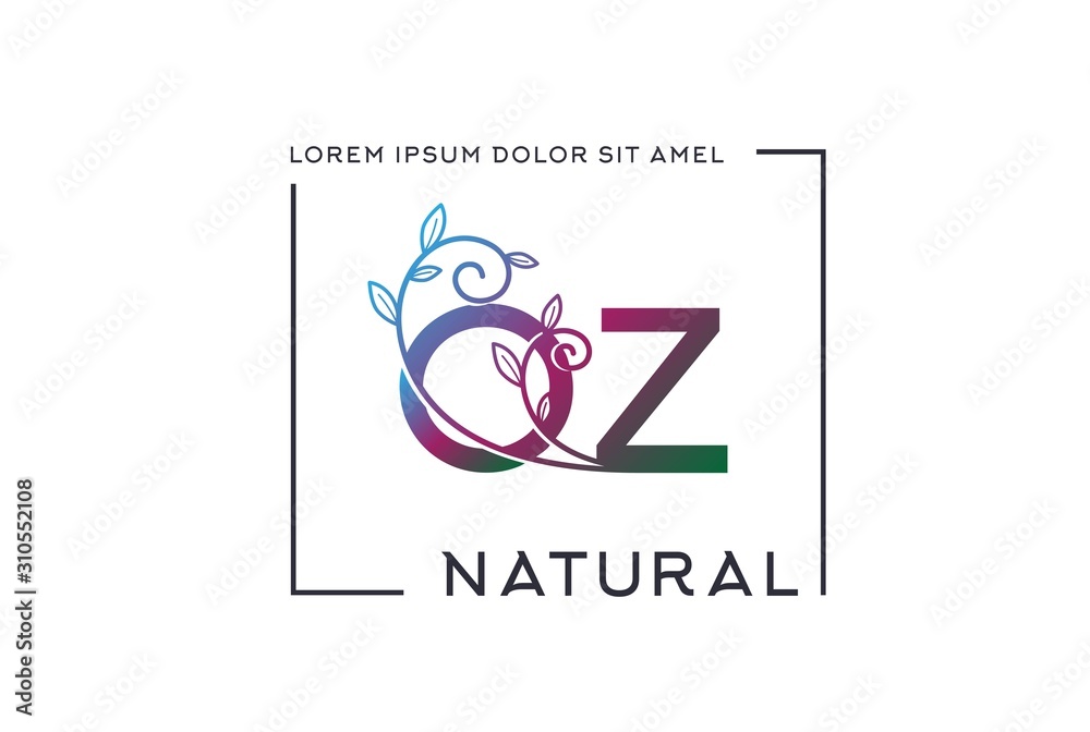 Obraz premium Blue pink green gradient wedding floral initial OZ icon design with square frames. Vector logo template