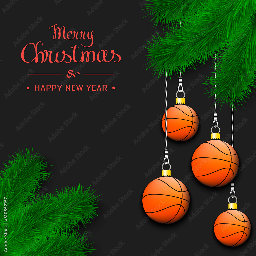 Basketball balls on a Christmas tree branch