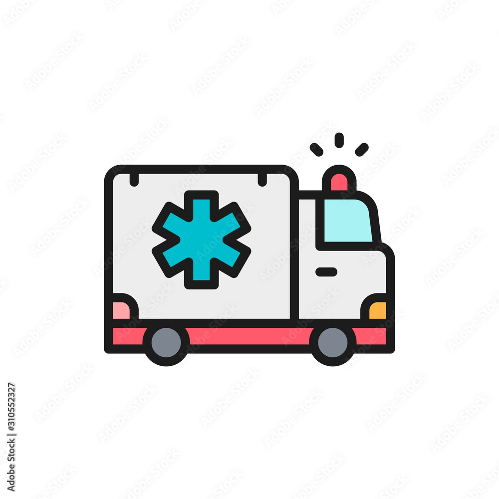 Ambulance car, emergency medical truck flat color line icon. Ambulance car, emergency medical truck flat color line icon.