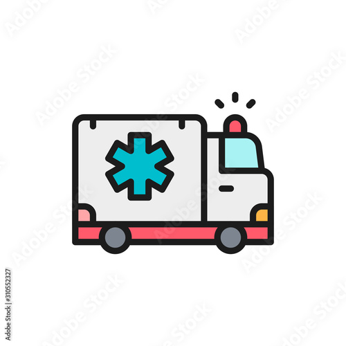 Ambulance car, emergency medical truck flat color line icon.