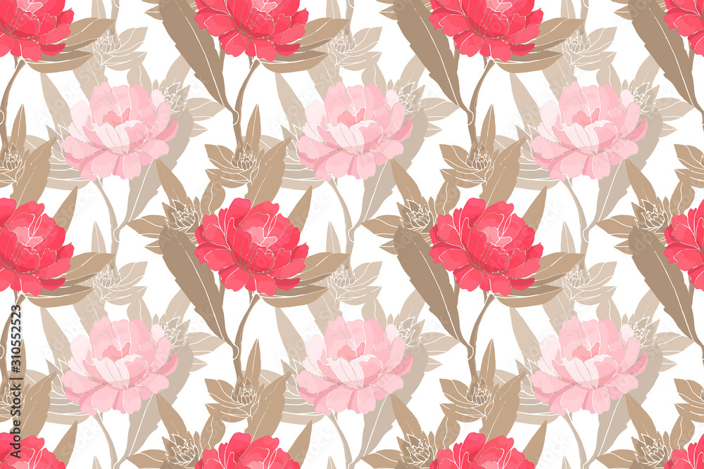 Art floral vector seamless pattern with peonies. Light pink and bright pink garden flowers with light brown leaves isolated on white background. Endless pattern for wallpaper, fabric, home textiles. Art floral vector seamless pattern with peonies. Light pink and bright pink garden flowers with light brown leaves isolated on white background. Endless pattern for wallpaper, fabric, home textiles.