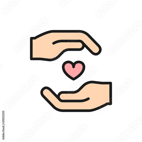 Charity, organs donation, heart protection flat color line icon.