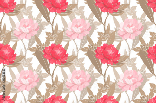 Art floral vector seamless pattern with peonies. Light pink and bright pink garden flowers with light brown leaves isolated on white background. Endless pattern for wallpaper  fabric  home textiles.