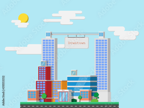 blank urban billboards with standing city street skyscrapers buildings. Flat style, vector illustration