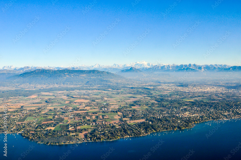 Panoramic and aerial view over Lake Geneva Leman  with beautiful sight on the Alps and Mont blanc