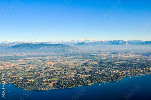 Panoramic and aerial view over Lake Geneva Leman  with beautiful sight on the Alps and Mont blanc