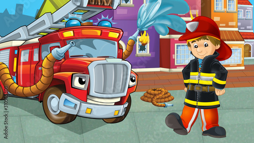 cartoon stage with fireman near building and brave firetruck is helping colorful illustration for children