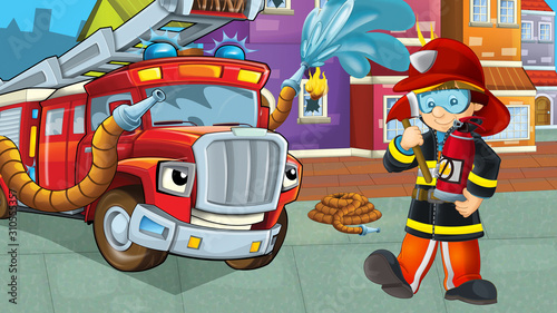 cartoon stage with fireman near building and brave firetruck is helping colorful illustration for children