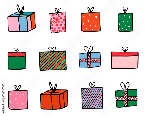 Vector set with hand drawn doodle gift boxes, holiday presents in red, green and pink colors