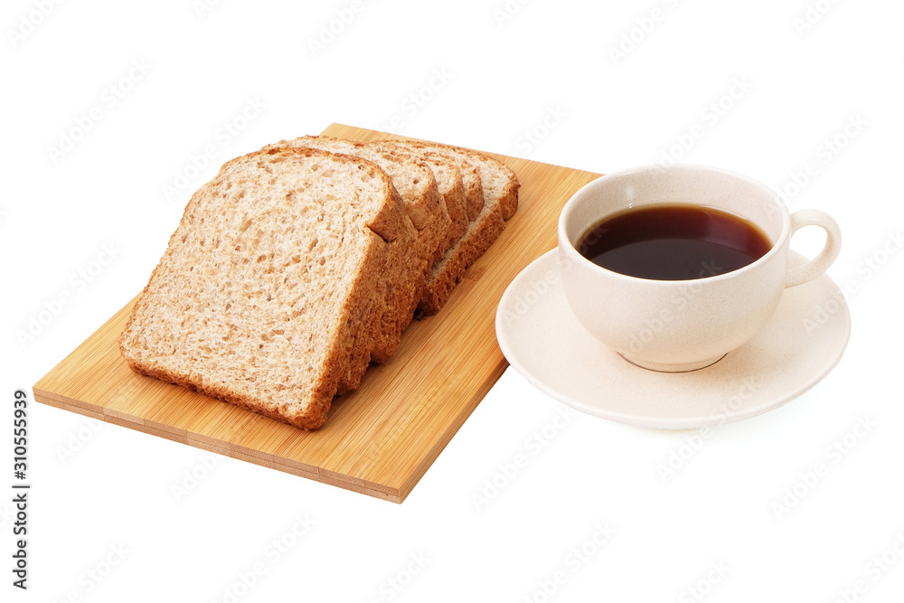 Whole grain bread serve with a cup of coffee isolated on white background.. Whole grain bread serve with a cup of coffee isolated on white background..