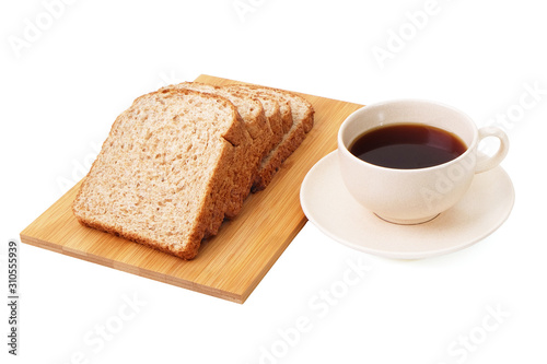 Whole grain bread serve with a cup of coffee isolated on white background..