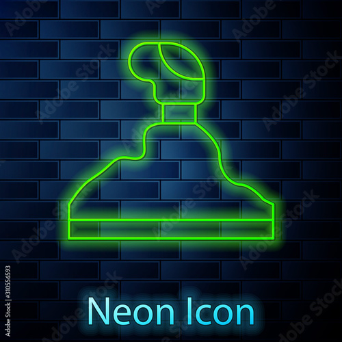 Glowing neon line Gear shifter icon isolated on brick wall background. Transmission icon. Vector Illustration