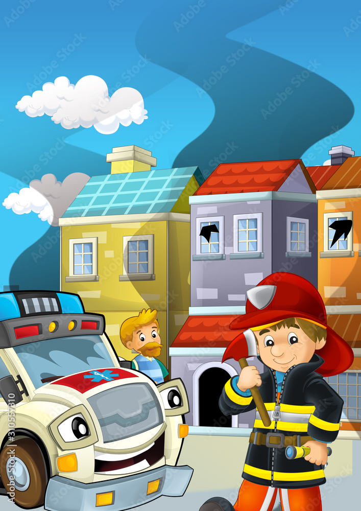 Naklejka premium cartoon stage with fireman fire fighting near some building smoking - illustration for children