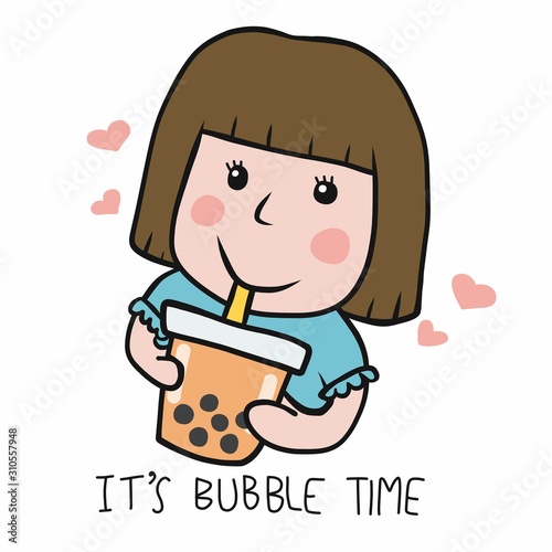 Woman drink big bubble tea cup cartoon vector illustration