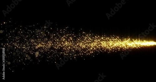 Golden glitter light tail, sparkling shining comet trace with glare effect. Gold glittering magic shimmer, glowing golden light sparks and particles flare on black background