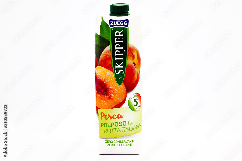 Italy – December 19, 2019: SKIPPER ZUEGG Peach Juice. Tetra Pak