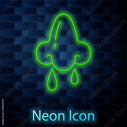 Glowing neon line Runny nose icon isolated on brick wall background. Rhinitis symptoms, treatment. Nose and sneezing. Nasal diseases. Vector Illustration