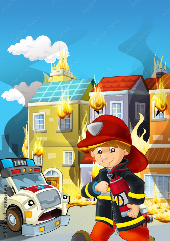 Naklejka premium cartoon scene with fireman working near some ambulance and building is burning illustration for children