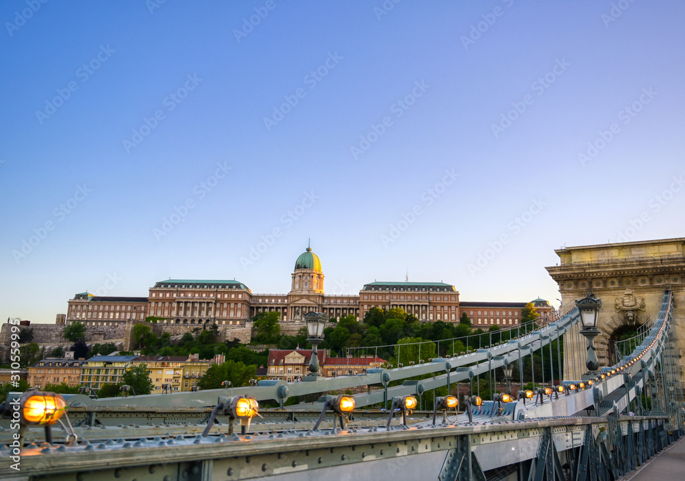 Naklejka premium The exterior of Buda Castle from the Chain Bridge located in Budapest, Hungary..