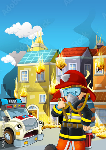 cartoon scene with fireman working near some ambulance and building is burning illustration for children © honeyflavour