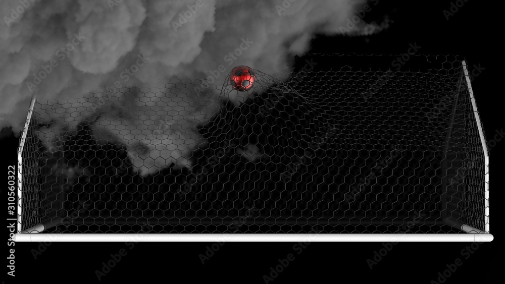 Red-Black Soccer Ball in the Goal Net under black-white lighting with dark blue toned foggy smoke background. 3D illustration. 3D CG. High resolution.
