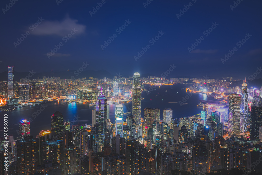 Hong Kong city skyline at night. View from Victoria peak