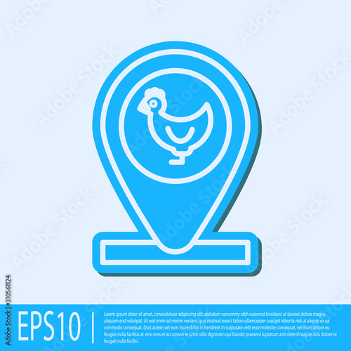 Blue line Chicken farm and location icon isolated on grey background. Vector Illustration