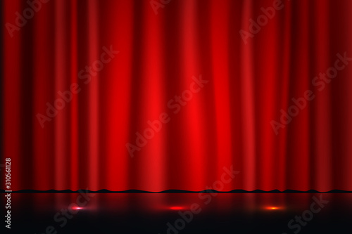 Red curtain scenes and colorful background lights on stage, vector illustration