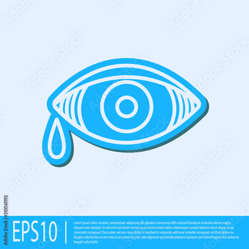 Blue line Reddish eye due to viral, bacterial or allergic conjunctivitis icon isolated on grey background. Vector Illustration