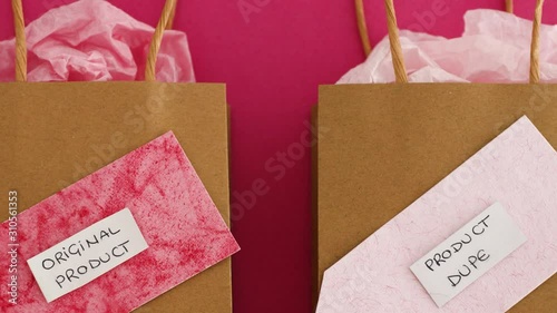 original product vs dupe imitation label on shopping bags with similar color paper and camera zooming out to reveal the scene,