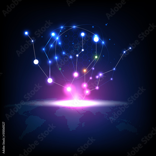 Modern technology, global communication network, abstract blue background. And world map, Vector illustration