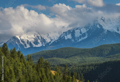 Mountain landscape, snow-capped peaks and trees. Summer day, cloudy sky.