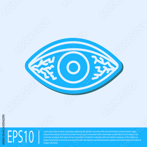 Blue line Reddish eye due to viral, bacterial or allergic conjunctivitis icon isolated on grey background. Vector Illustration