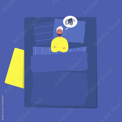 Young male character suffering from sleeping disorder, Insomnia, late night