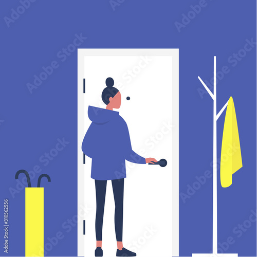 Young female character opening a front door, furnished apartment corridor, lifestyle, daily life