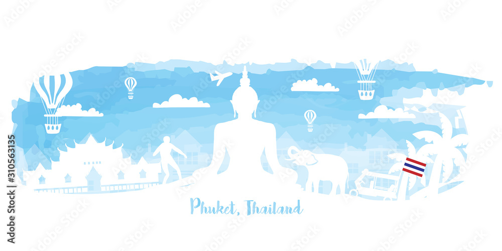 Travel Thailand postcard, poster, tour advertising of world famous landmarks in paper cut style. Vectors illustrations