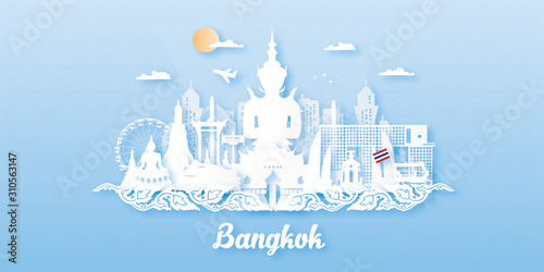 Travel Thailand postcard, poster, tour advertising of world famous landmarks in paper cut style. Vectors illustrations