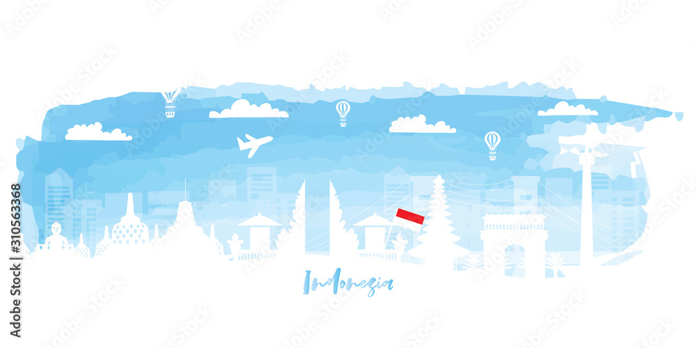 Fototapeta premium Travel Indonesia postcard, poster, tour advertising of world famous landmarks in paper cut style. Vectors illustrations