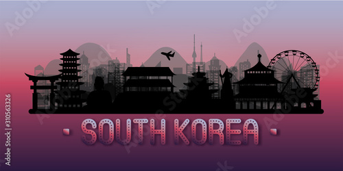 South Korea Travel postcard, poster, tour advertising of world famous landmarks in paper cut style. Vectors illustrations
