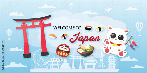 Welcome to Japan. Travel postcard, poster, tour advertising of world famous landmarks. Vectors illustrations
