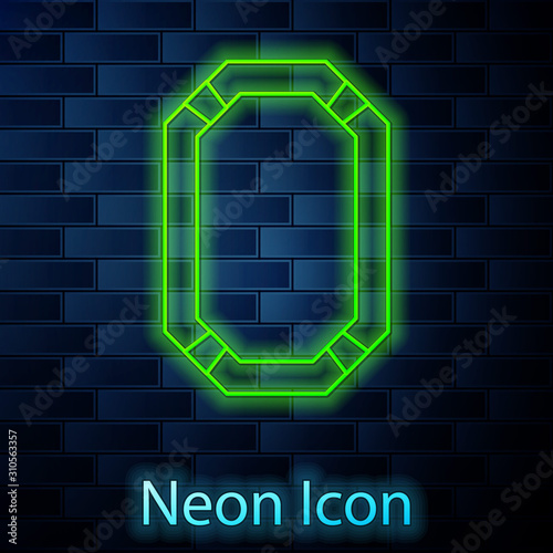 Glowing neon line Poker table icon isolated on brick wall background. Vector Illustration