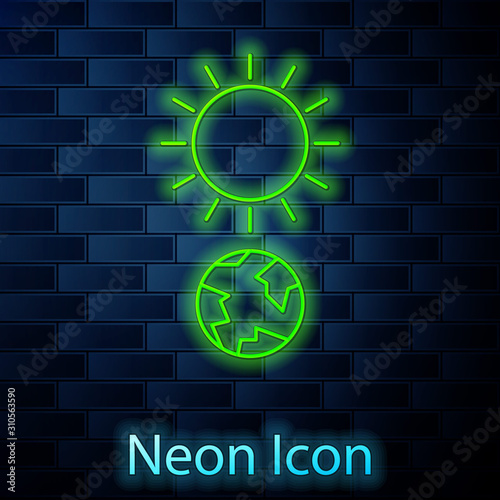 Glowing neon line Solstice icon isolated on brick wall background. Vector Illustration
