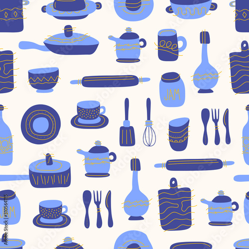 Kitchen seamless pattern of decorative tableware items. Ceramic utensils or crockery - cups, dishes, bowls, pitchers. Vector illustration in flat style with bluw and orange texture.