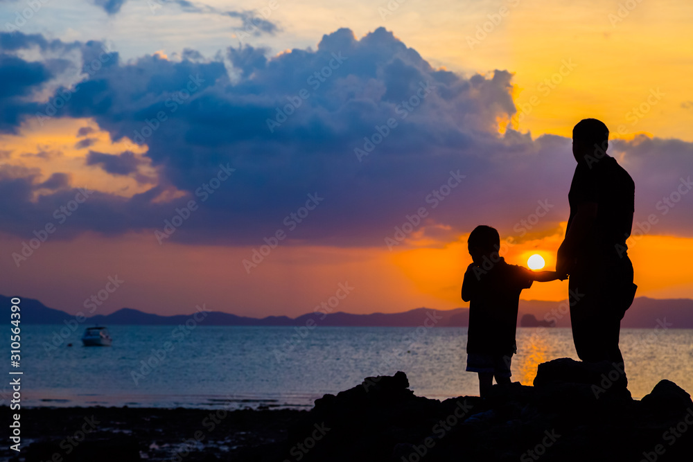 Silhouette image of father and son at the beach