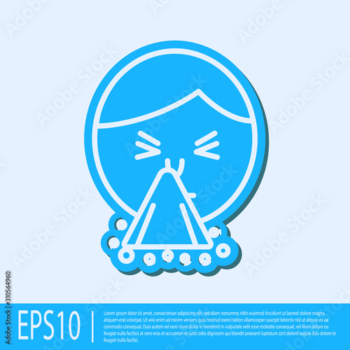 Blue line Man holding handkerchief or napkin to his runny nose icon isolated on grey background. Coryza desease symptoms. Vector Illustration