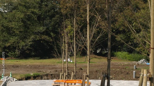 Big orange cones on the construction area of the site photo