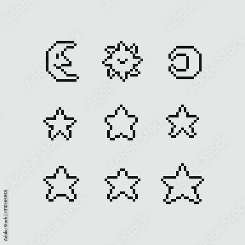 Moon, sun and star pixel art icons set, isolated abstract vector illustration. Various night symbols. Game assets 1-bit sprite. Design for logo, web, mobile app, sticker design pack.