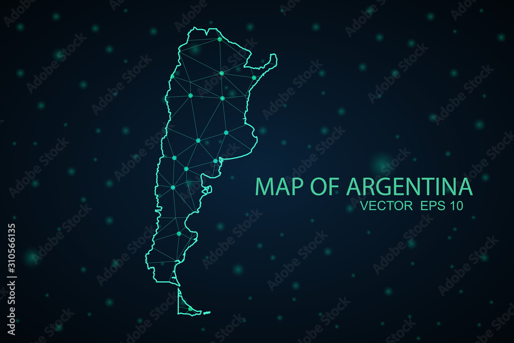 Abstract mash line and point scales on dark background with Map of argentina. Wire frame 3D mesh polygonal network line, design sphere, dot and structure. communications map of argentina. vector. Abstract mash line and point scales on dark background with Map of argentina. Wire frame 3D mesh polygonal network line, design sphere, dot and structure. communications map of argentina. vector.